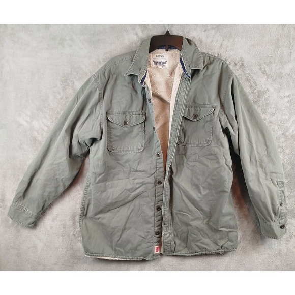 Levis Strauss Trucker Button Jacket Sherpa Lined Olive Green Mens Sz Large - Picture 2 of 15